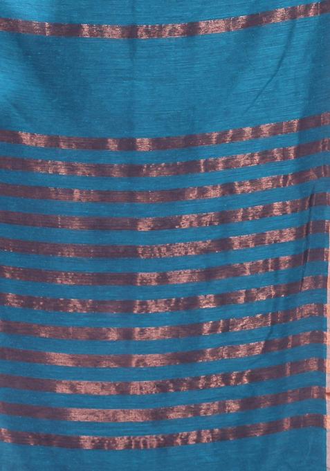 Teal Zari Striped Soft Pure Cotton Saree Set