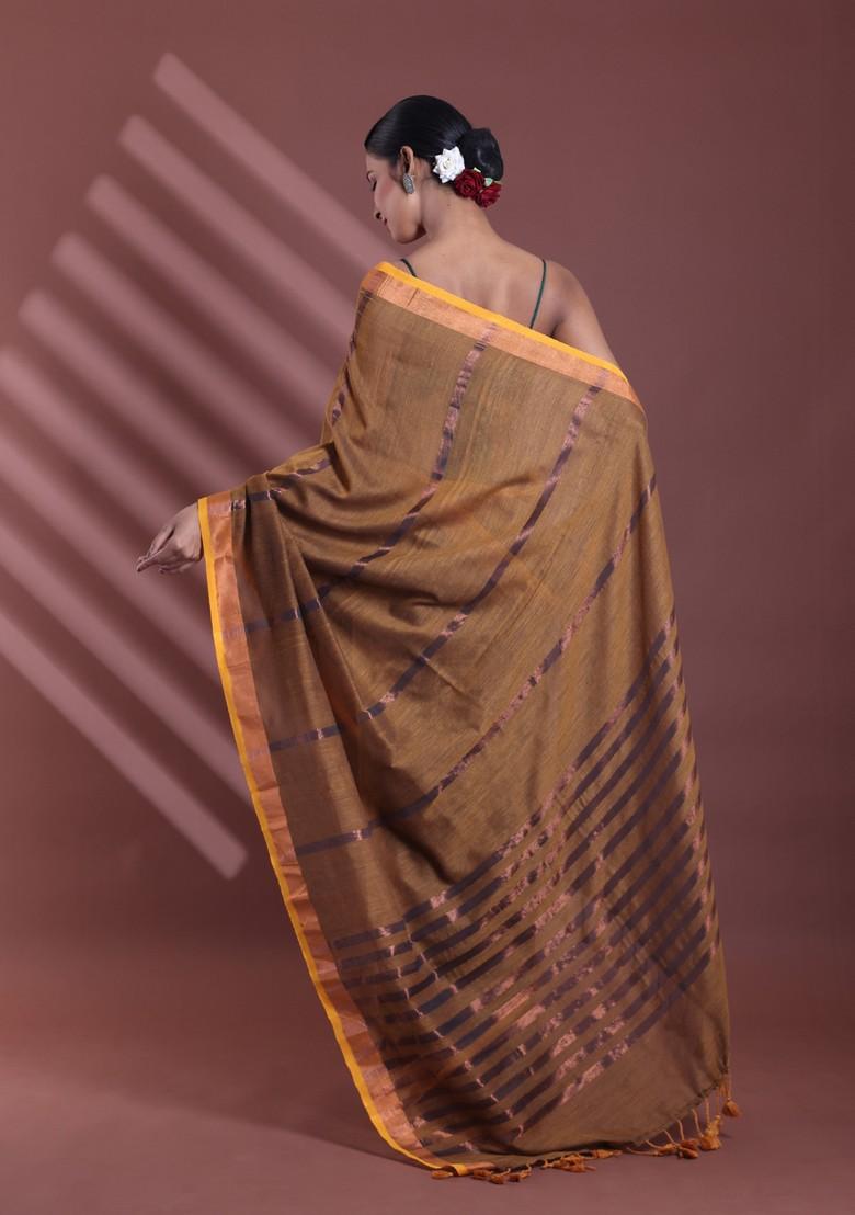 Mustard Zari Striped Soft Pure Cotton Saree Set