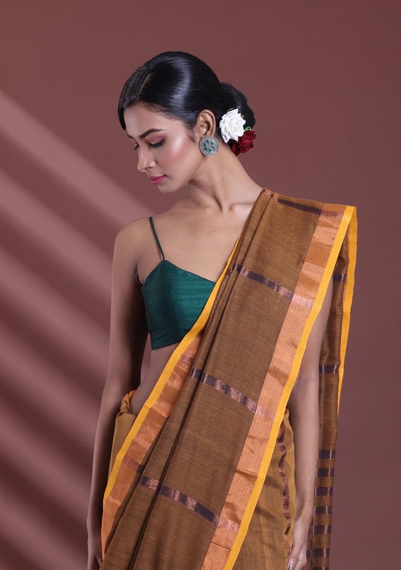 Mustard Zari Striped Soft Pure Cotton Saree Set