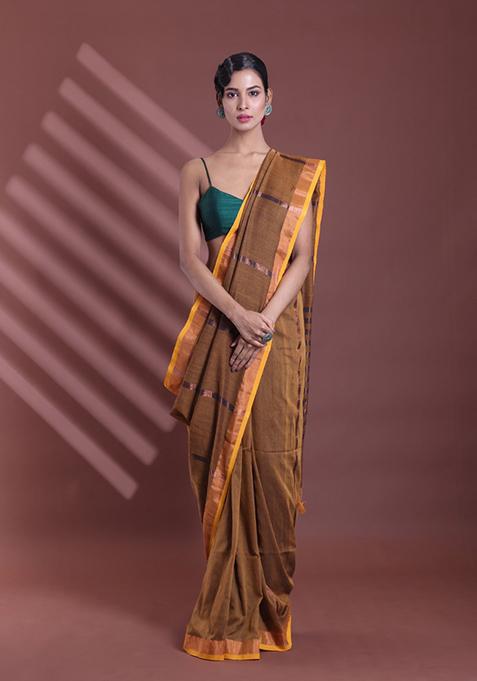 Mustard Zari Striped Soft Pure Cotton Saree Set