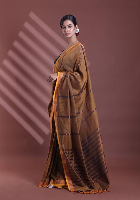 Mustard Zari Striped Soft Pure Cotton Saree Set