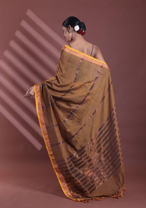 Mustard Zari Striped Soft Pure Cotton Saree Set