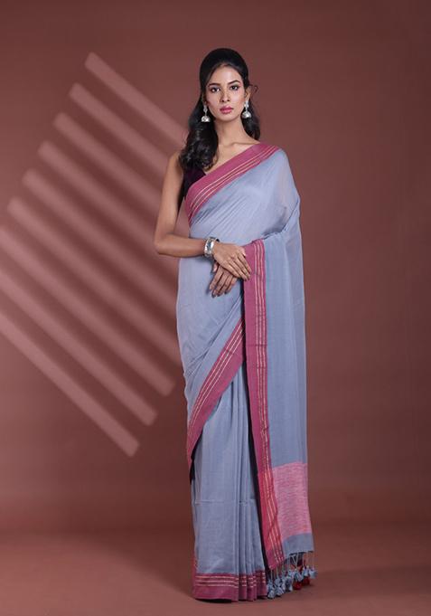 Grey Striped Pure Cotton Saree Set