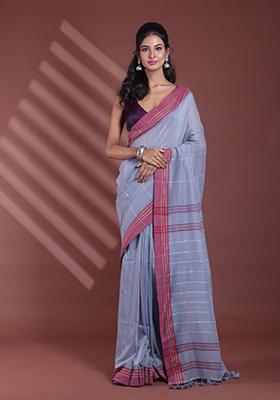 Grey Striped Soft Pure Cotton Saree Set