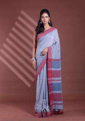 Grey Striped Soft Cotton Saree Set