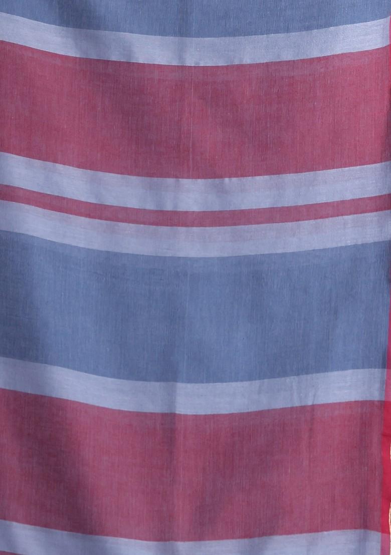 Grey Striped Soft Cotton Saree Set - Indya