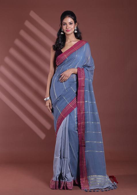 Grey Striped Pure Soft Cotton Saree Set