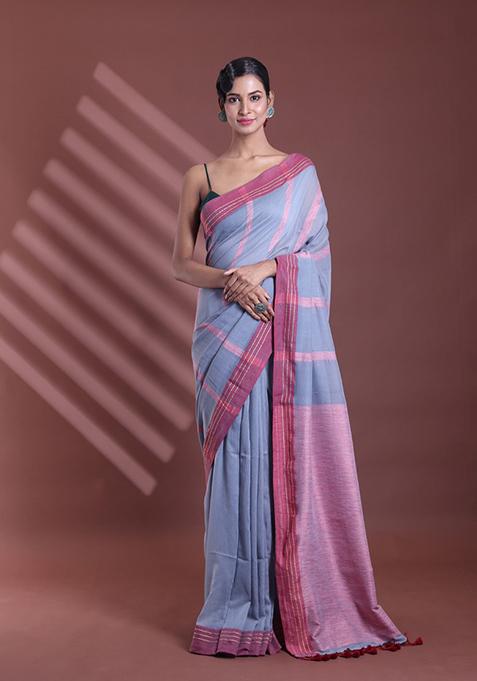 Grey Striped Pure Cotton Saree Set