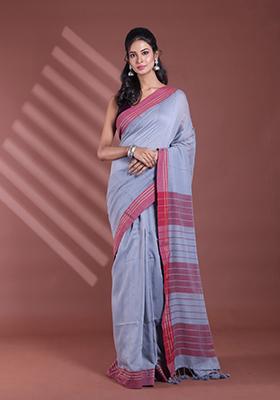Grey Striped Pure Cotton Soft Saree Set