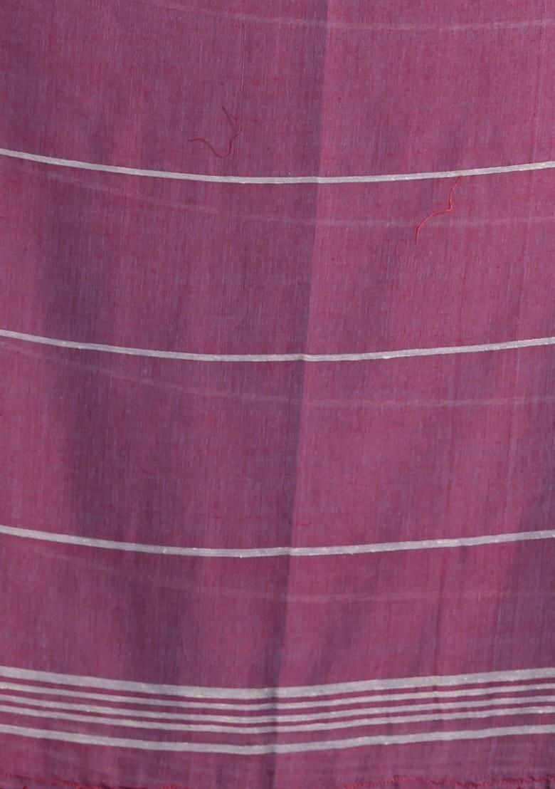 Grey Striped Soft Pure Cotton Saree Set - Indya