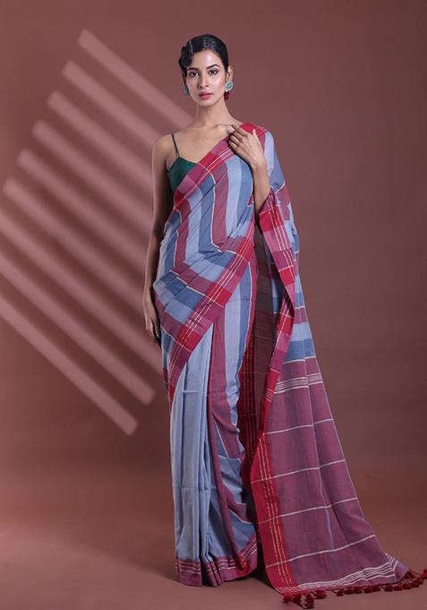 Grey Striped Soft Pure Cotton Saree Set