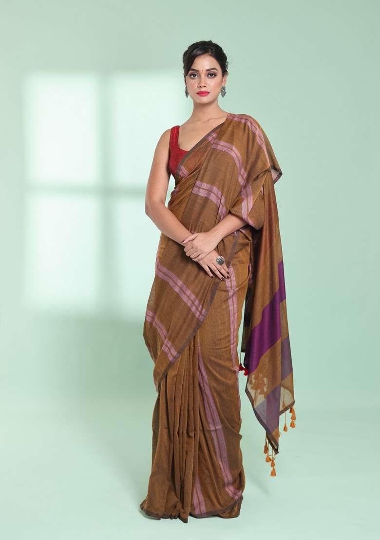 Dark Mustard Striped Cotton Saree Set for Diwali and Festive Wear - Indya