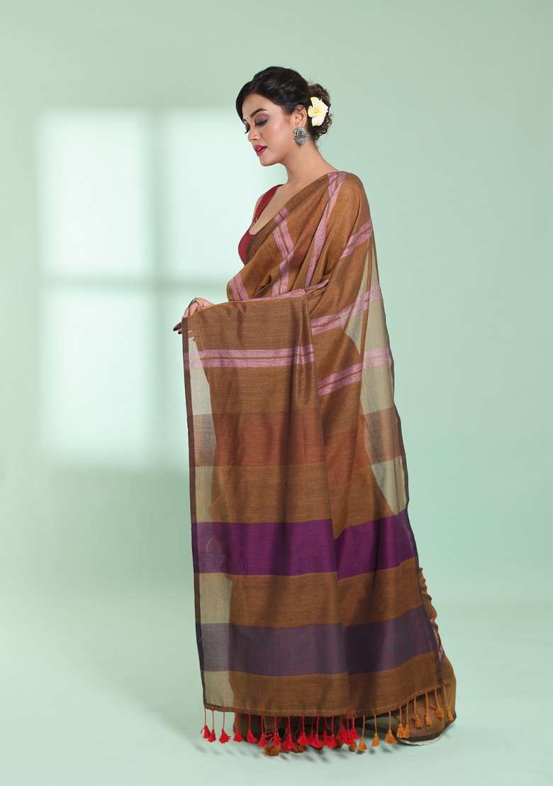 Dark Mustard Striped Cotton Saree Set for Diwali and Festive Wear - Indya