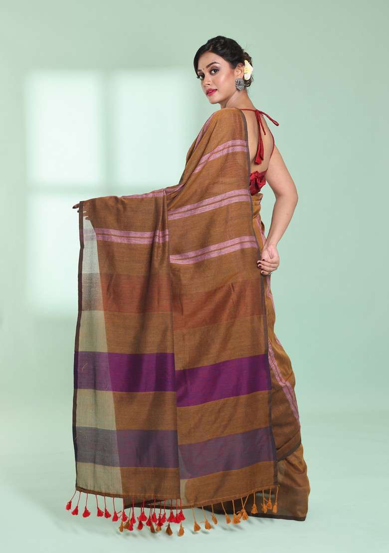 Dark Mustard Striped Cotton Saree Set for Diwali and Festive Wear - Indya