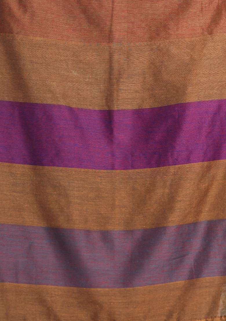 Dark Mustard Striped Cotton Saree Set for Diwali and Festive Wear - Indya