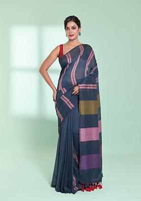 Dark Grey Striped Cotton Saree Set