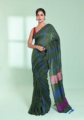 Hunter Green Striped Cotton Saree Set