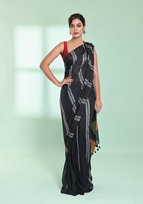 Black Striped Cotton Saree Set