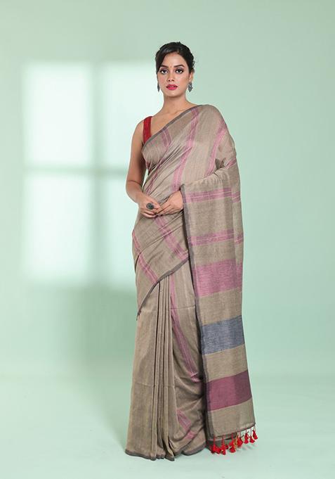 Ecru Striped Cotton Saree Set