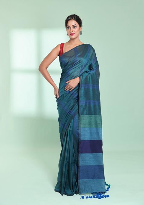 Teal Striped Cotton Saree Set