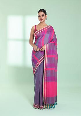 Multicolour Striped Cotton Saree Set