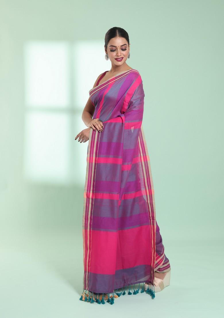 Multicolour Striped Cotton Saree Set