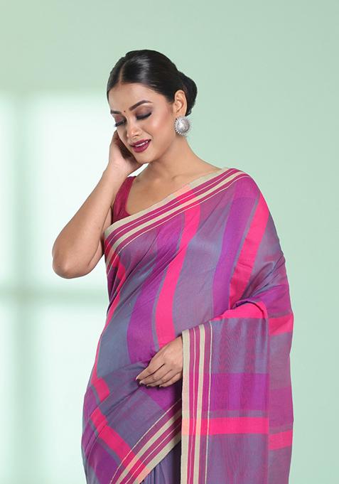 Multicolour Striped Cotton Saree Set