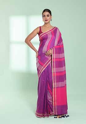 Dark Pink Striped Cotton Saree Set