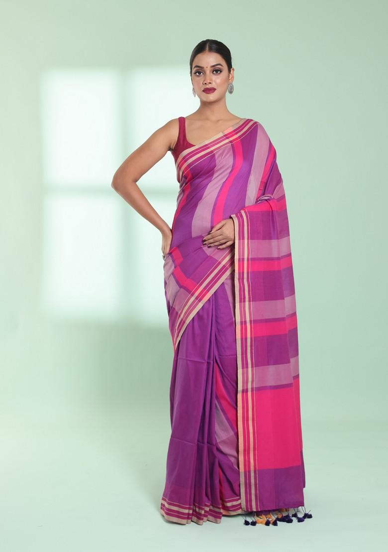Dark Pink Striped Cotton Saree Set