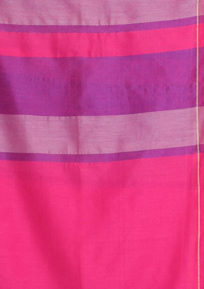 Dark Pink Striped Cotton Saree Set - Indya