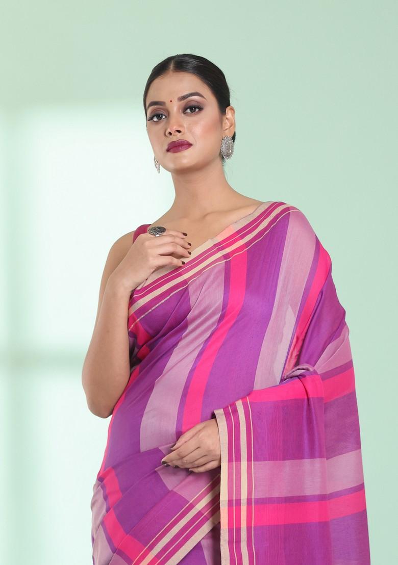 Dark Pink Striped Cotton Saree Set