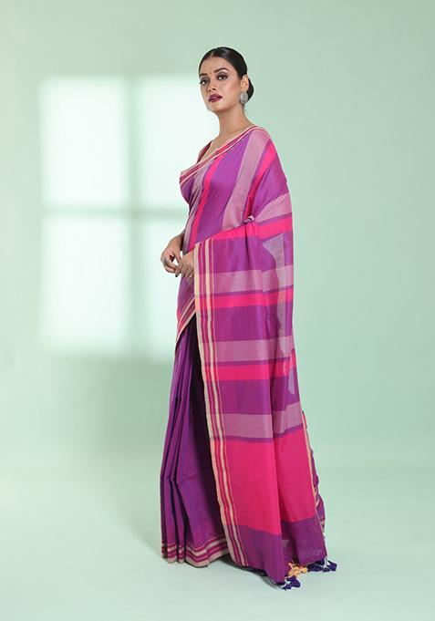 Dark Pink Striped Cotton Saree Set