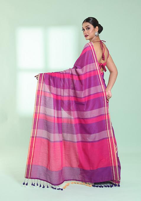 Dark Pink Striped Cotton Saree Set