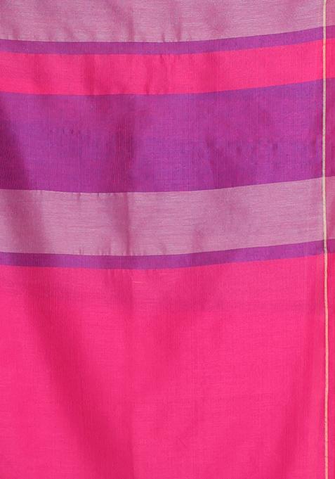 Dark Pink Striped Cotton Saree Set
