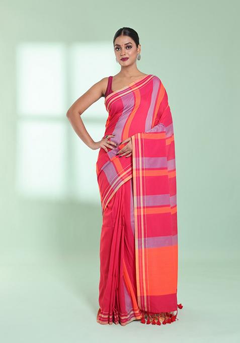 Punch Pink Striped Cotton Saree Set