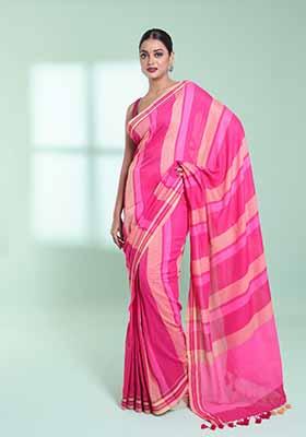 Pink Striped Cotton Saree Set
