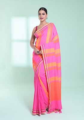 Taffy Pink Striped Cotton Saree Set