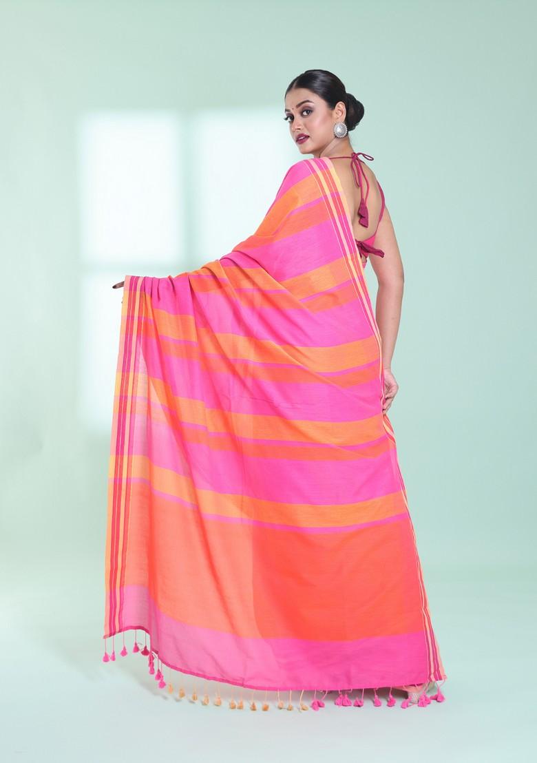 Taffy Pink Striped Cotton Saree Set