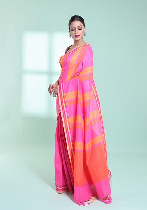 Taffy Pink Striped Cotton Saree Set