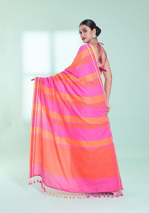 Taffy Pink Striped Cotton Saree Set