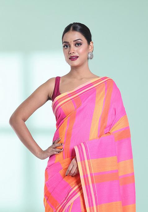 Taffy Pink Striped Cotton Saree Set