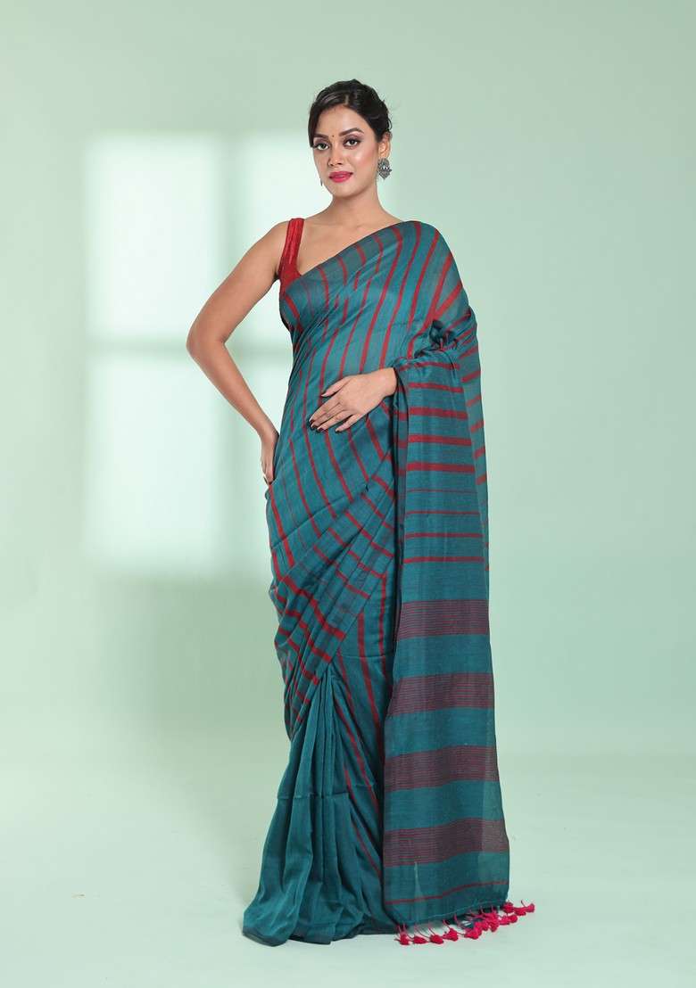 Teal Striped Design Cotton Saree Set for Diwali | Wedding & Festive Wear - Indya