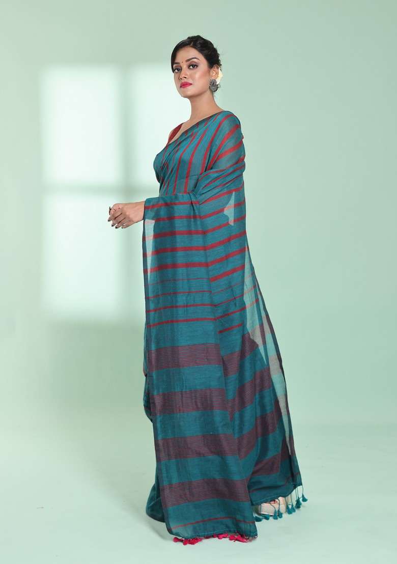 Teal Striped Design Cotton Saree Set for Diwali | Wedding & Festive Wear - Indya