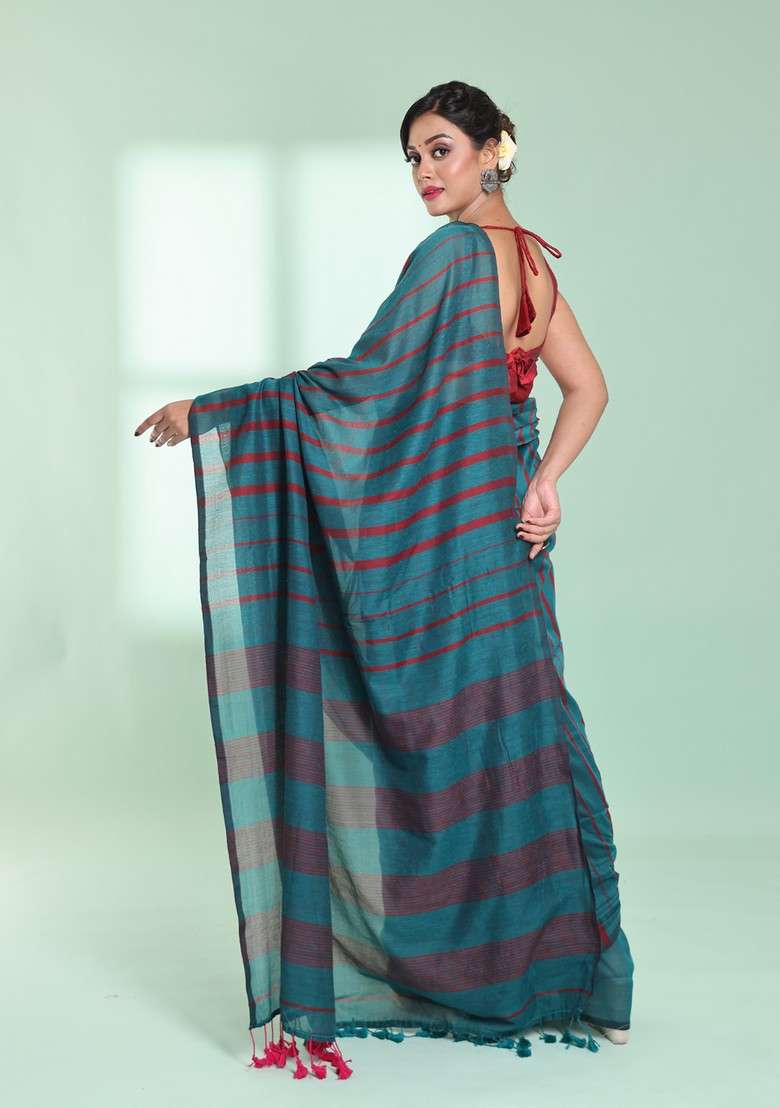 Teal Striped Design Cotton Saree Set for Diwali | Wedding & Festive Wear - Indya