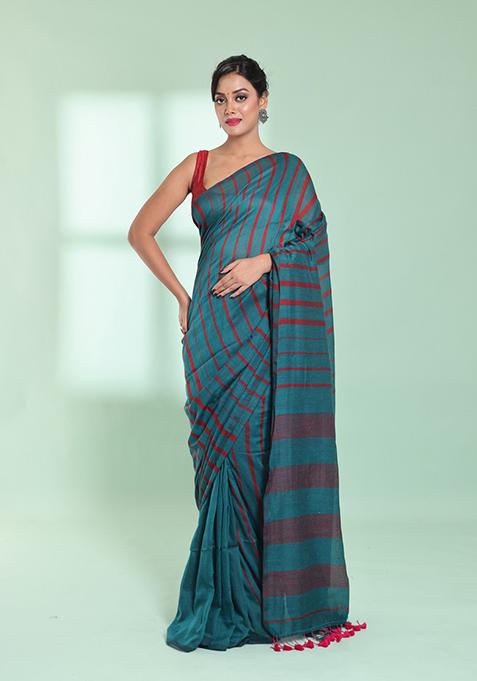 Teal Striped Design Cotton Saree Set