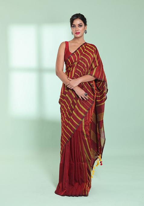 Dark Red Striped Cotton Saree Set