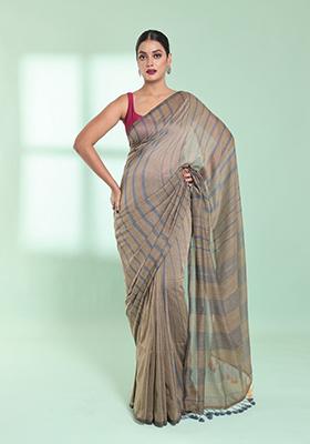 Light Ecru Striped Cotton Saree Set