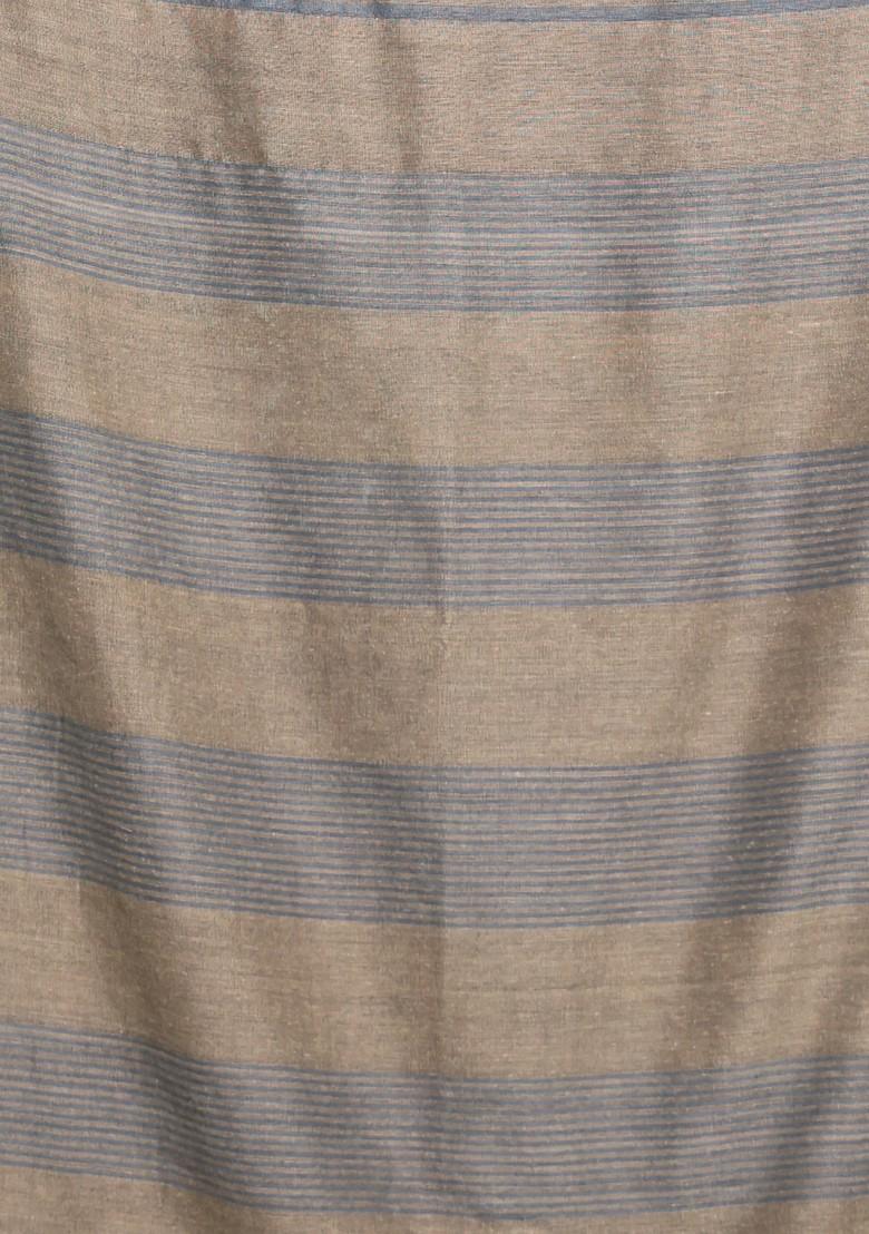 Light Ecru Striped Cotton Saree Set - Indya