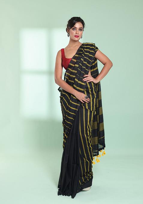 Black Striped Design Cotton Saree Set