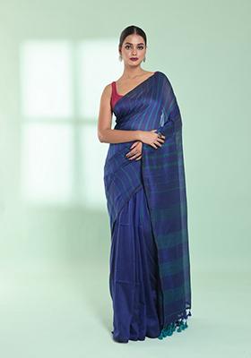 Blue Striped Cotton Saree Set